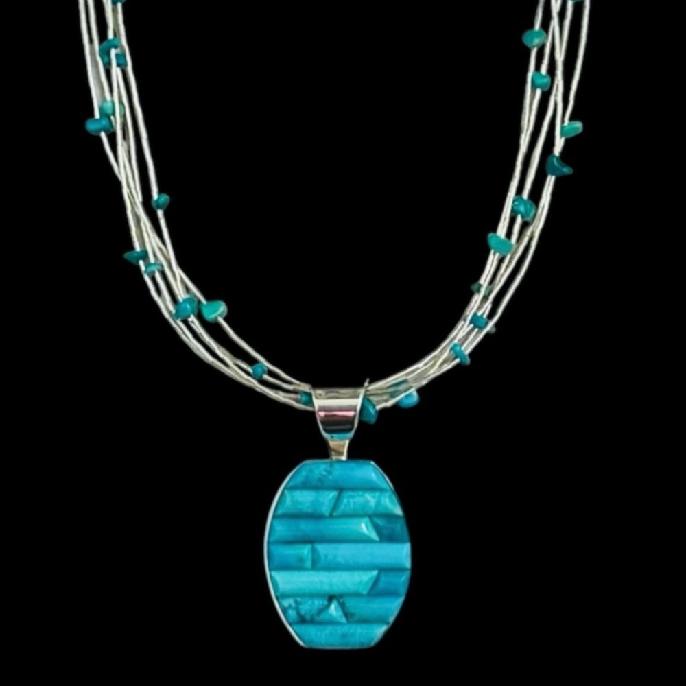 Jay King DRT .925 Sterling Silver Turquoise Pendant Multi Strand Necklace 17.5”